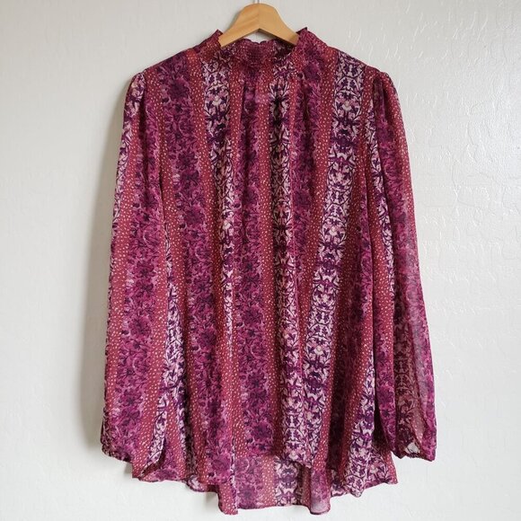 Susan Graver Tops - Susan Graver Chiffon Smocked Mock Neck Blouse Built in Tank Boho Berry Size 2X